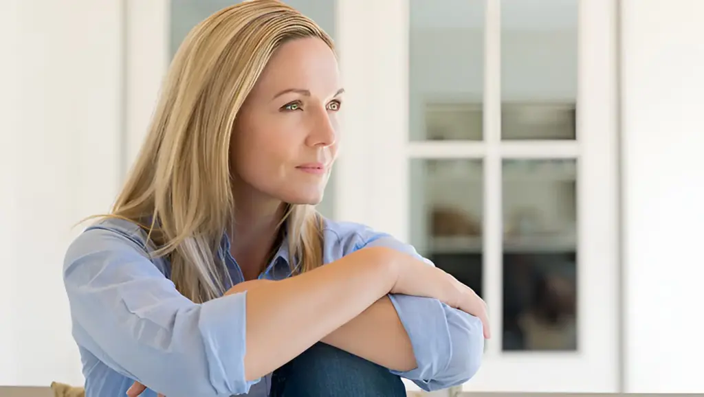 Thoughtful blonde woman in a blue shirt sitting with arms crossed, for a perimenopause article